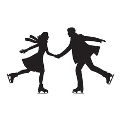 Obraz premium Romantic Ice Skating Couple Silhouette: Black and White Vector Illustration of Partners Holding Hands