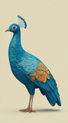 Obraz premium Elegant Peacock Displaying Vibrant Blue Plumage Against Neutral Background.