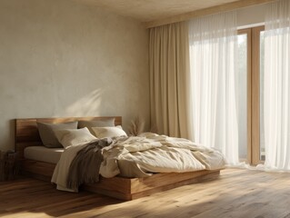 A bed with a white comforter and pillows