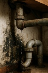 old rusty metal pipe, leaking metal pipe under sink with mold, plumbing problem at home