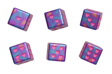 Abstract holographic hologram heart dice in six side isolated background 3d rendering	
