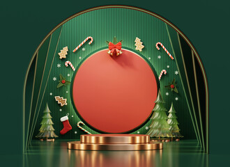 Green Merry Christmas event product display podium with decoration background 3d rendering	
