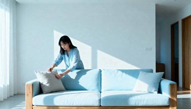 asian woman straightening couch cushions in minimalist home, soft morning shadows, neat focused balance
