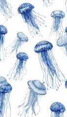 A repeating pattern of various blue jellyfish against a white background.