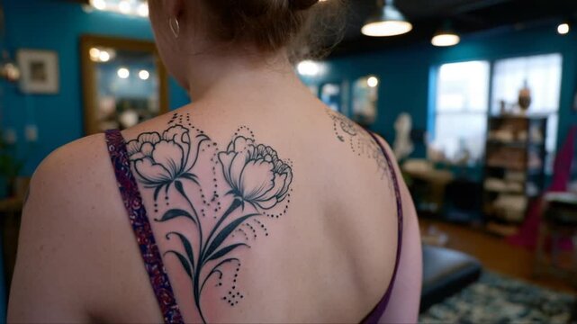 Exquisite closeup of a black ink floral upper back tattoo, featuring ornate stems and intricate dotwork artistry.