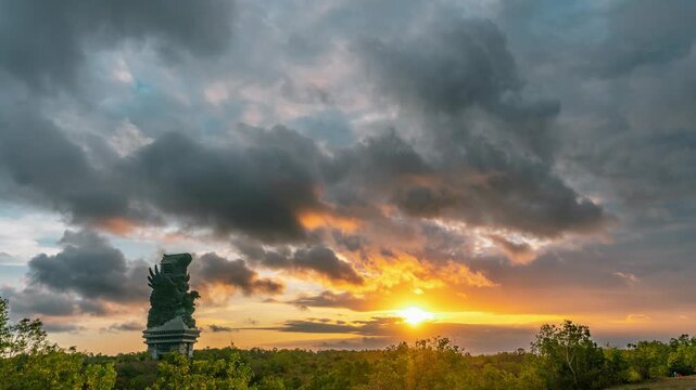 Bali's Most Iconic Landmark Hindu God Garuda Wisnu Kencana statue also GWK statue is a 122-meter tall statue located in Garuda Wisnu Kencana Cultural Park, Bali, Indonesia.