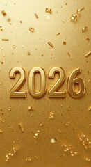 Golden numbers representing the year 2026, surrounded by festive confetti and streamers on a gold background, symbolizing celebration and new beginnings. 