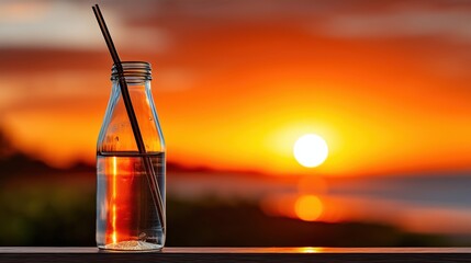 Clear glass bottle with water against vibrant sunset