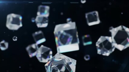 Transparent geometric crystalline forms float, rotate, refracting iridescent rainbow light in a deep cosmic void. Hypnotic digital dreamscape concept. - Powered by Adobe