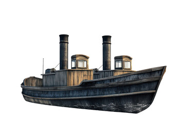 Obraz premium Isolated image of a vintage wooden steam boat with two smokestacks on transparent