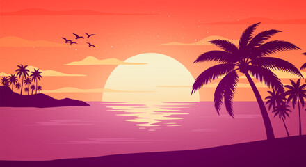 Fototapeta premium Tropical Beach With Sunset And Palm Trees