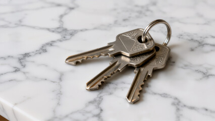 Keys on a marble surface with a silver keyring