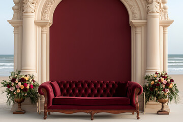 Elegant Seascape Setting: A plush red couch sits beneath an ornate archway on a sandy beach, flowers adorn the scene, framing the ocean backdrop.