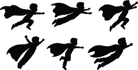 Dynamic Superhero Flying Silhouette Vector Set, Heroic Male Character with Cape in Various Action Poses, Strength, Power, Comic Book Style, Isolated Black Shape

.