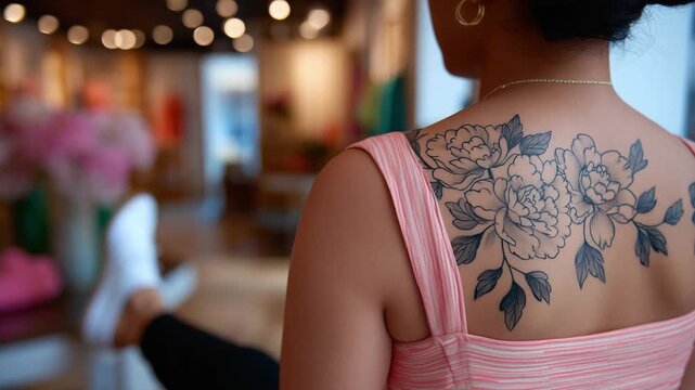 Intricate black floral tattoo with delicate linework and shading adorns a woman's upper back, showcasing elegant petals and vines.