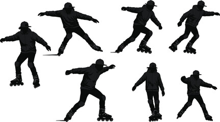Inline skating silhouettes, rollerblading motion graphic set, people wearing helmets, active leisure sport, fitness training, black vector illustration, isolated on white.