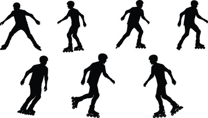 Inline skating silhouettes, rollerblading motion graphic set, people wearing helmets, active leisure sport, fitness training, black vector illustration, isolated on white.