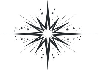 Abstract black and white starburst graphic design with sharp spikes and decorative elements.