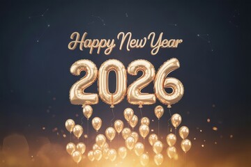 Happy New Year 2026 Golden Balloons Constellations Dark Background