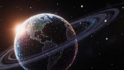 Abstract digital depiction of Earth surrounded by connected lines and rings of data and light