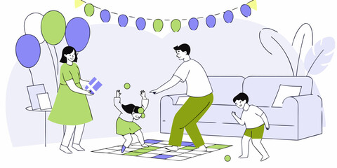 Joyful Family Scene Illustration Family Playing Together in a Room Graphic Vector Style Animated Family Having Good Time Illustration Home Celebration