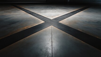 Large, dark X shaped intersection on smooth concrete floor creates striking visual contrast with surrounding lighter areas, evoking sense of mystery and intrigue