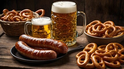 Oktoberfest Food Still Life Featuring Beer, Pretzels, and Sausages Arranged on Rustic Bavarian Table for Authentic German Festival Cuisine and Traditional Celebration