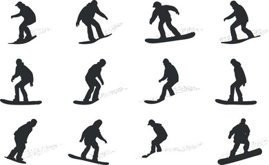 Fototapeta premium Silhouettes of snowboarders in action against a white background, capturing dynamic winter sport movements.