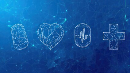 Abstract digital design of medical symbols including pills, heart, wave and plus sign on a blue background