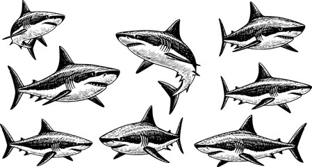 set of sketch black silhouette of a Shark isolated