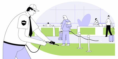 Airport Security Inspector Examines Passengers with Detector Wand Flat Vector Illustration. Inspection Service Checks Travelers at Check-in Desk, Travel, International Flight, and Safety Procedure