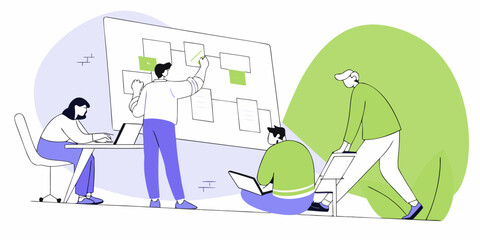 Teamwork Brainstorming Session Flat Vector Graphic: Business People Collaborating on Project, Drawing Mind Map, and Discussing Strategy, Brainstorming, Innovation, Planning, and Agile Development