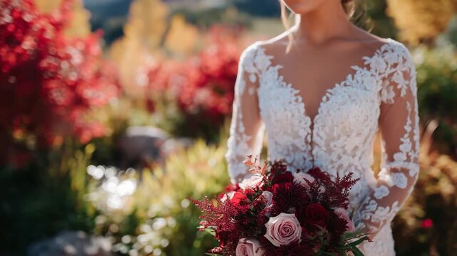 Elegant bride in lace dress holds vibrant fall rose bouquet, bathed in  sunlight through autumn foliage.