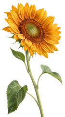 Fototapeta premium Single sunflower bloom with rich yellow petals and visible seed center, isolated on transparent background, vibrant color realism.