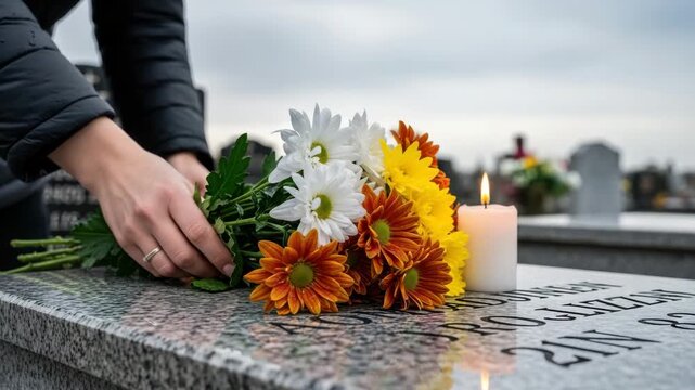 A person places a bouquet of colorful flowers and a lit candle on a gravestone in a cemetery