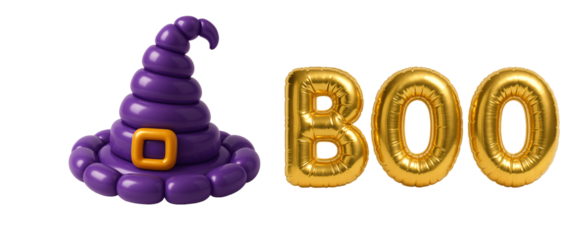 Halloween set of balloons on a transparent background. Purple witch hat next to gold “BOO” balloons. Halloween. Decoration. Magic.