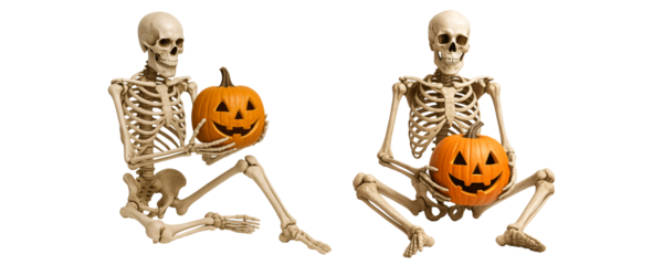 Skeleton with jack-o’-lantern pumpkin on white background. Halloween. Fun. Spooky. set of skeletons on a transparent background. 