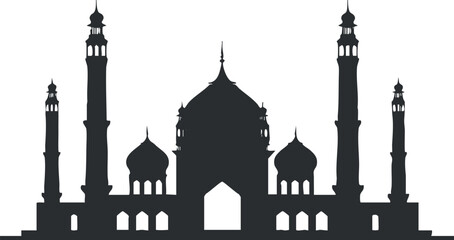 Fototapeta premium Silhouette of a mosque with prominent minarets and dome, showcasing Islamic architectural style.