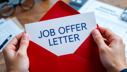 Job Offer Letter in Red Envelope on Office Desk Concept for New Employment Opportunity