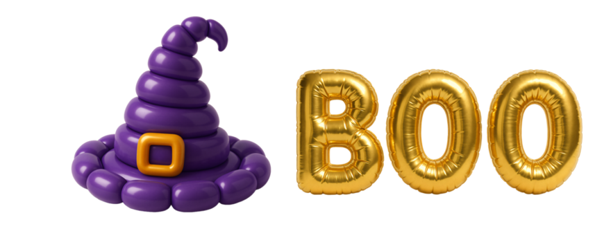 Halloween set of balloons on a transparent background. Purple witch hat next to gold “BOO” balloons. Halloween. Decoration. Magic.