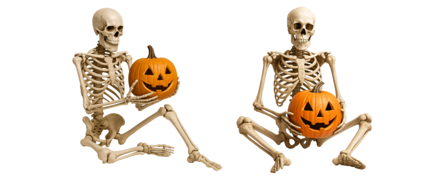 Skeleton with jack-o’-lantern pumpkin on white background. Halloween. Fun. Spooky. set of skeletons on a transparent background. 