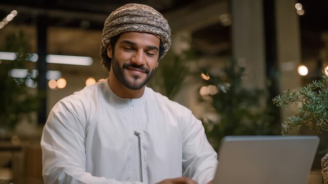 Confident Arab businessman in a white thobe working on a laptop in a stylish office setting.