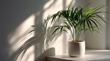 Potted plant with slender green leaves in a light-colored pot