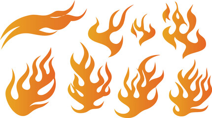 Collection of stylized orange and yellow flames and fire elements on a white background
