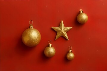 Minimalist red background with golden Christmas ornaments, soft lighting, elegant festive composition
