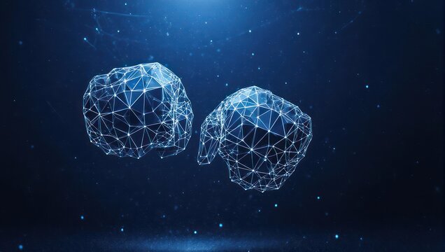 Abstract digital illustration showcasing two connected human hands made of interconnected points