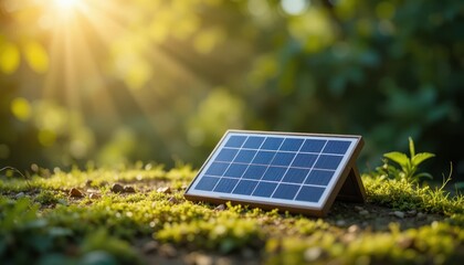 Solar Panel on Green Ground With Sunlight Filtering Through Leaves at Golden Hour