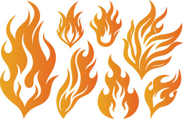 Collection of stylized fiery flames in various shapes and sizes on a white background