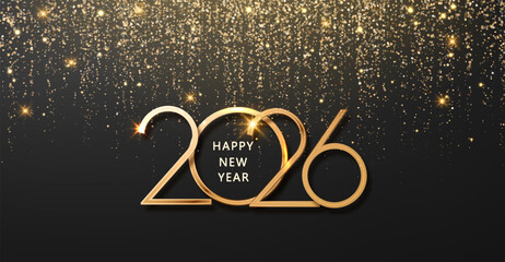 Celebration New Year 2026 gold number. Christmas Holiday poster with luxury golden glitter shining in light with sparkles abstract celebration design