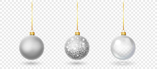 Silver Christmas ornament glossy baubles. 3D sphere decoration isolated vector holiday design